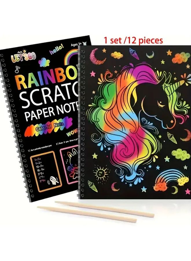 12 Rainbow Scratch Art Notebooks with Unicorns Stars Spiral Bound Creative Craft Set for Kids - Image 1