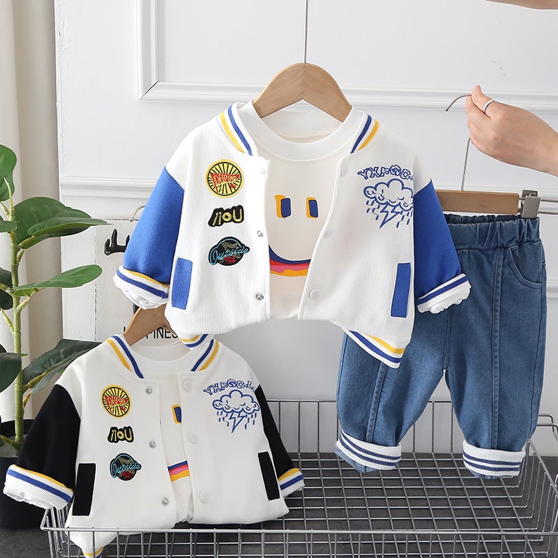 Spring Boys' Crewneck Baseball Suit Long-Sleeved Three-Piece Set For Boys And Baby Casual Denim Trousers Suit Trendy - Image 2