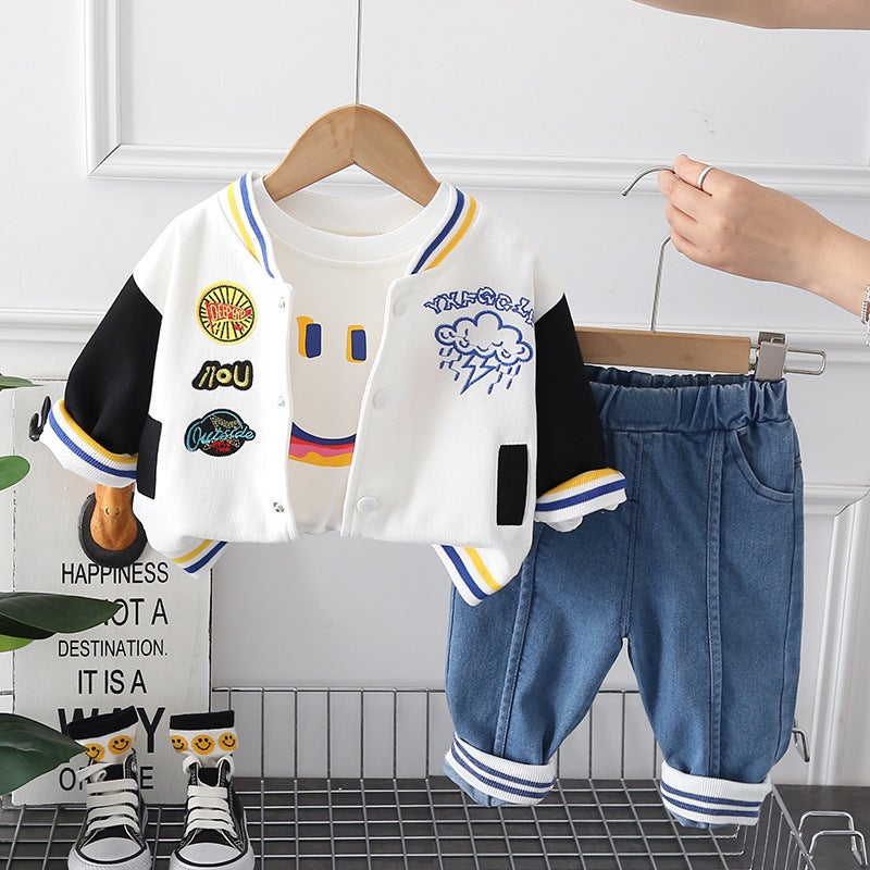 Spring Boys' Crewneck Baseball Suit Long-Sleeved Three-Piece Set For Boys And Baby Casual Denim Trousers Suit Trendy - Image 1