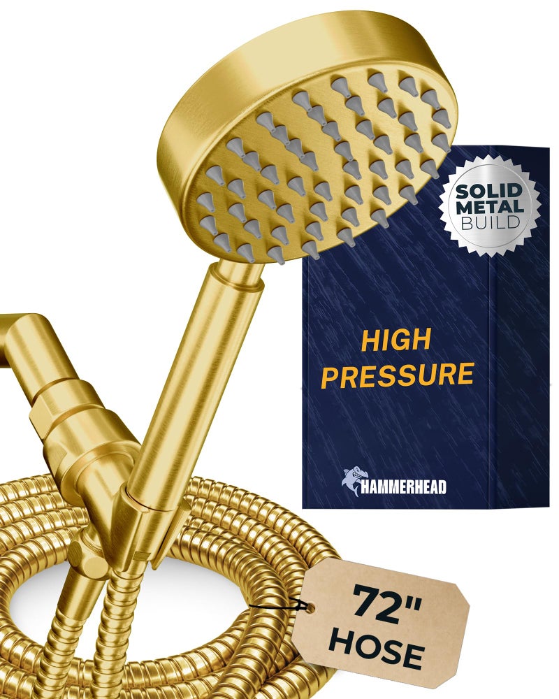 HammerHead ShowersÂ® Solid Metal Handheld Shower Head with Hose and Brass Holder - BRUSHED GOLD - 2.5 GPM High Pressure Shower Heads with Adjustable Shower Wand Bracket - 6ft Flexible Extension - Image 1