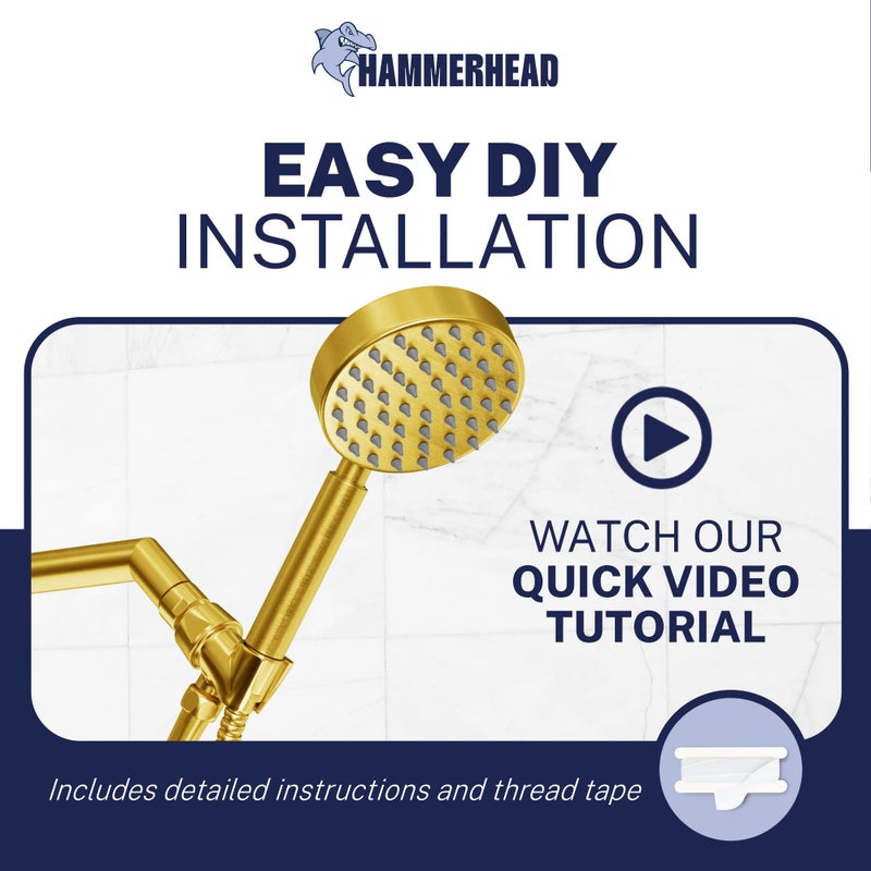 HammerHead ShowersÂ® Solid Metal Handheld Shower Head with Hose and Brass Holder - BRUSHED GOLD - 2.5 GPM High Pressure Shower Heads with Adjustable Shower Wand Bracket - 6ft Flexible Extension - Image 4