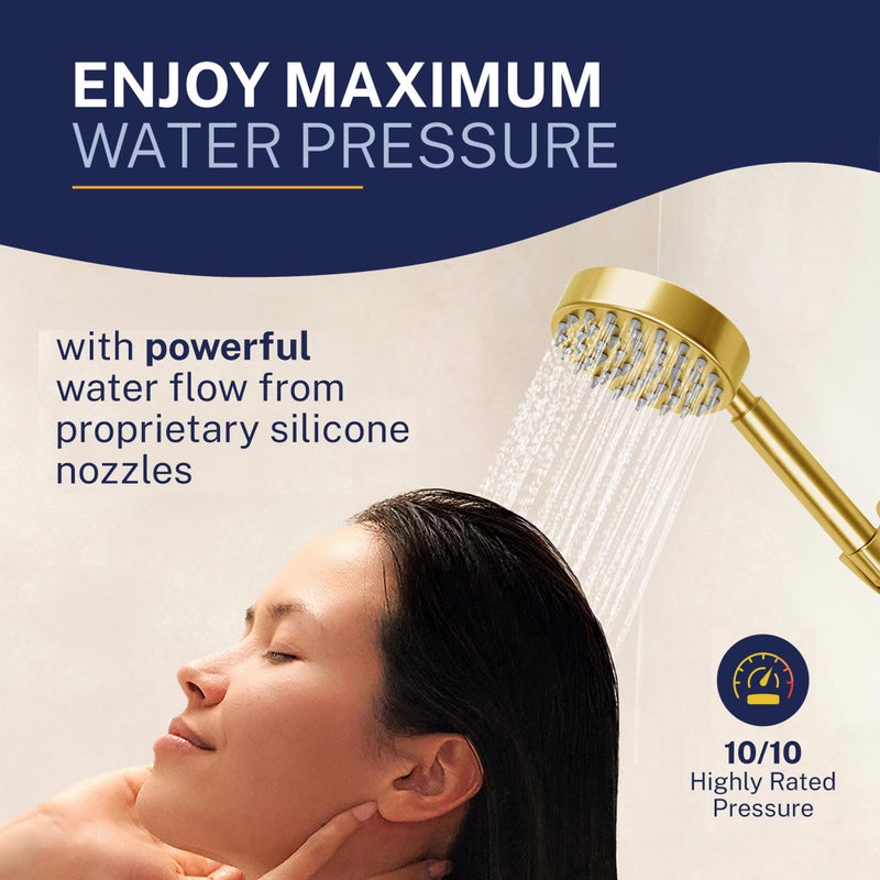 HammerHead ShowersÂ® Solid Metal Handheld Shower Head with Hose and Brass Holder - BRUSHED GOLD - 2.5 GPM High Pressure Shower Heads with Adjustable Shower Wand Bracket - 6ft Flexible Extension - Image 2