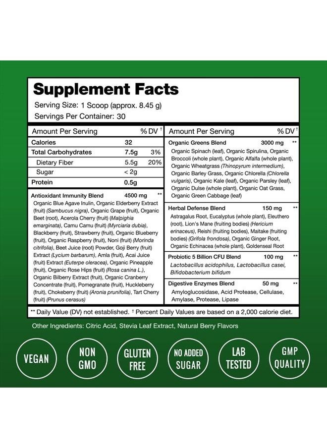 NutraChamps - Super Greens Powder Premium Antioxidant Superfood | Organic Greens Fruit and Veggie Vegan Supplement | 40+ Greens and Superfoods Including Wheatgrass & Spirulina | Probiotic Powder Greens, Sweet Berry - Image 1