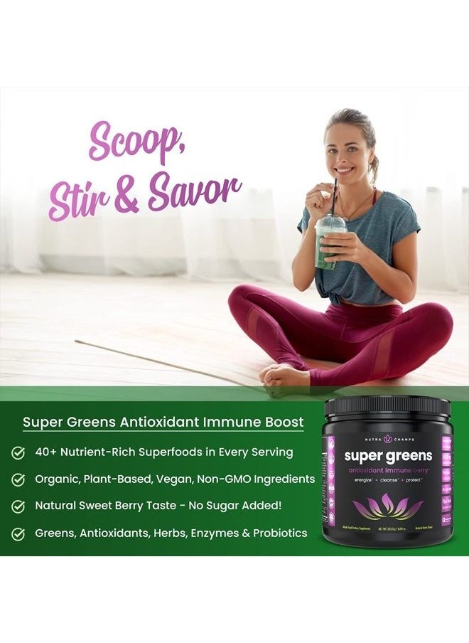 NutraChamps - Super Greens Powder Premium Antioxidant Superfood | Organic Greens Fruit and Veggie Vegan Supplement | 40+ Greens and Superfoods Including Wheatgrass & Spirulina | Probiotic Powder Greens, Sweet Berry - Image 1
