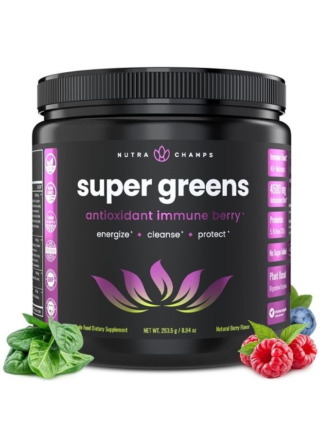 NutraChamps - Super Greens Powder Premium Antioxidant Superfood | Organic Greens Fruit and Veggie Vegan Supplement | 40+ Greens and Superfoods Including Wheatgrass & Spirulina | Probiotic Powder Greens, Sweet Berry - Image 1