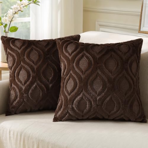 decorUhome Throw Pillow Covers 18x18 Inch Set of 2 Soft Plush Faux Wool Brown Solid Couch Pillow Covers Accent Farmhouse Neutral Square Pillow Cases for Sofa Bed Living Room Home Decor