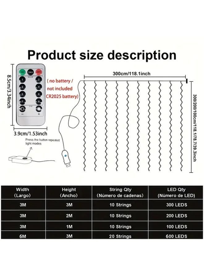 3م × 1م 100 مصباح ثنائي باعث للضوء (LED) ستارة ضوئية متغيرة الألوان RGB مع جهاز تحكم عن بعد، 8 أوضاع، تعمل بالطاقة عبر منفذ USB لأعياد الميلاد والأعراس والحفلات - Image 4