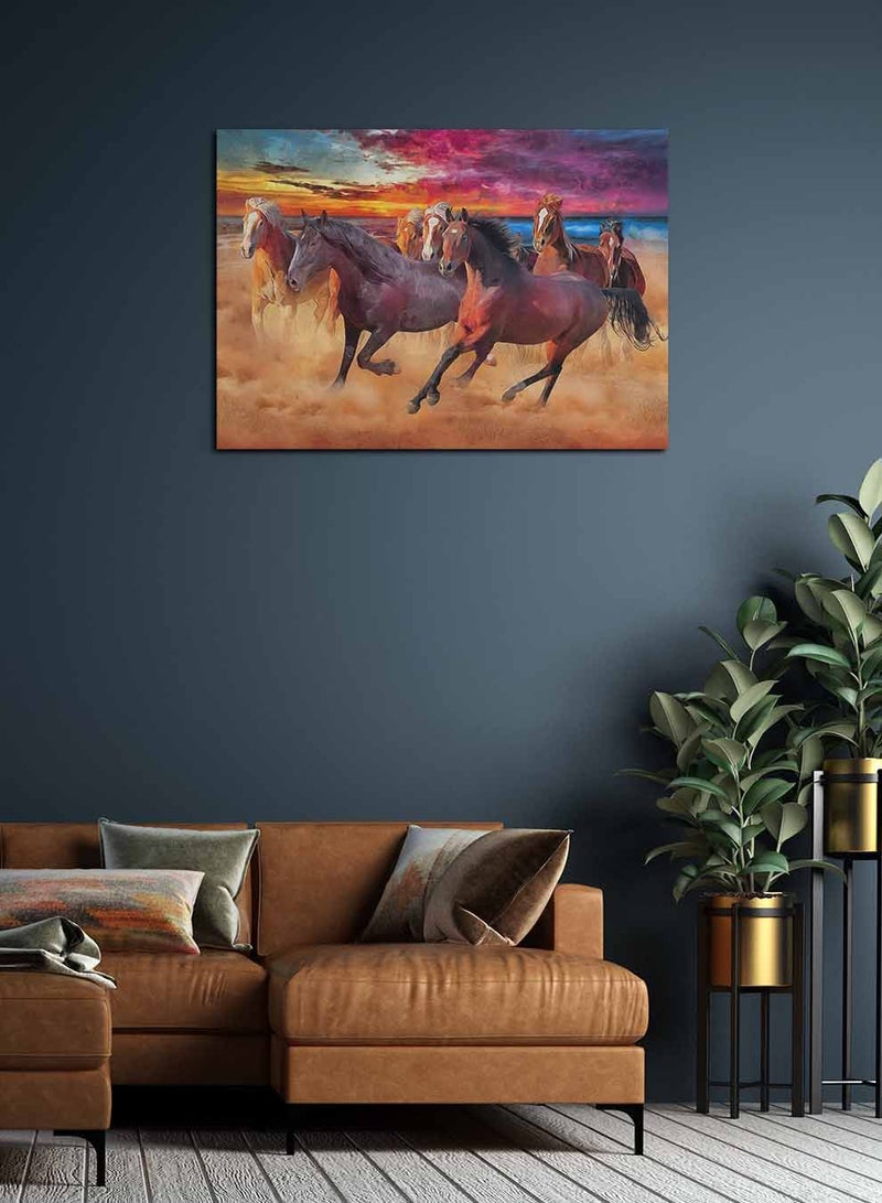 لوحة كانفاس على إطار خشبي، تصميم مجموعة من الخيول العربية ، للمنزل، غرفة المعيشة، المكتب، الديكور - Image 1