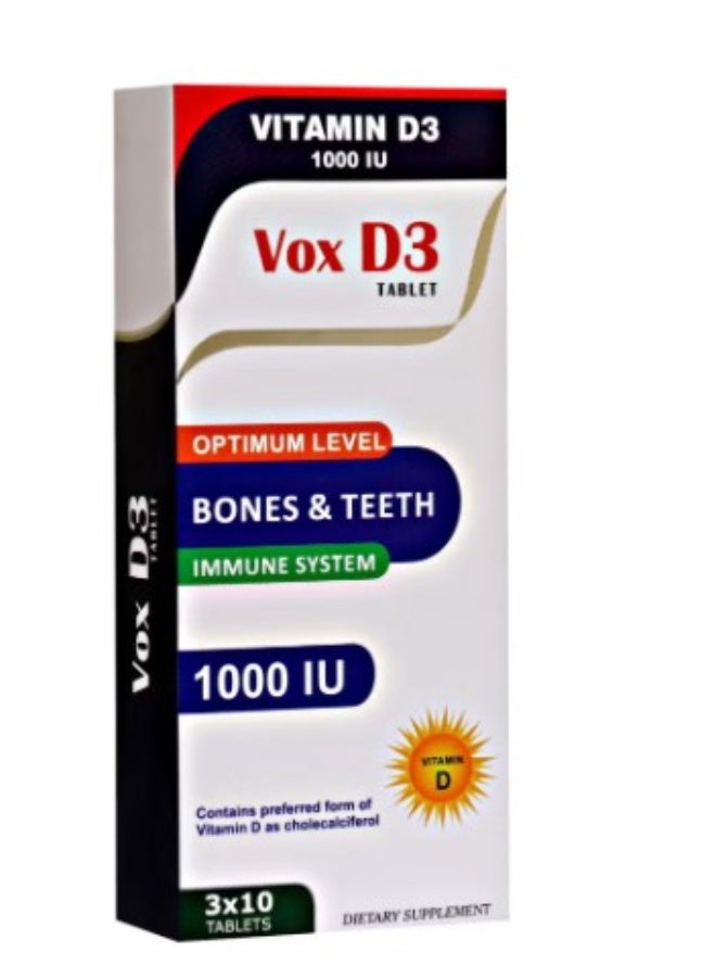 VOX DEI LABS أقراص فيتامين د3 VOX D3 بجرعة 1000 وحدة دولية | يدعم العظام والأسنان والجهاز المناعي | 30 قرصًا - Image 1