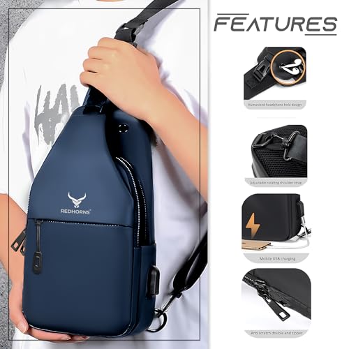 REDHORNS Waterproof Crossbody Chest Bag for Men and Women Fashion Sling Bag With Adjustable Shoulder Strap, Multipurpose Cross Body Backpack with 4 Pockets, USB Charging Port and Earphone Hole (Blue) - Image 2