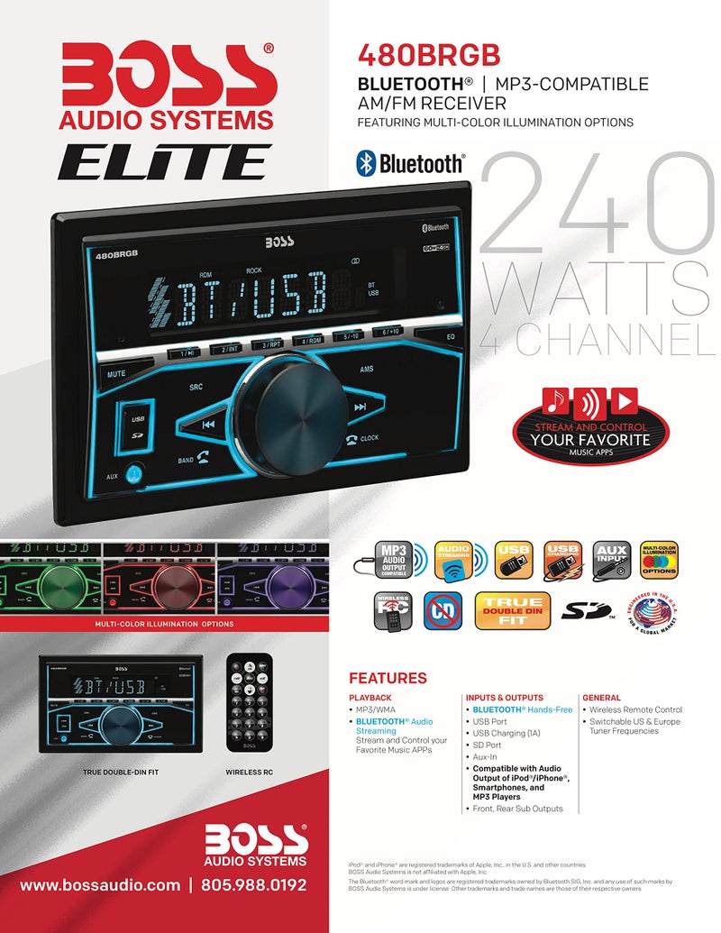 BOSS Audio Systems 480BRGB Car Stereo - Double Din, Bluetooth, No CD DVD Player, AM/FM Radio Receiver, USB, AUX In, Multicolor Illumination - Image 5