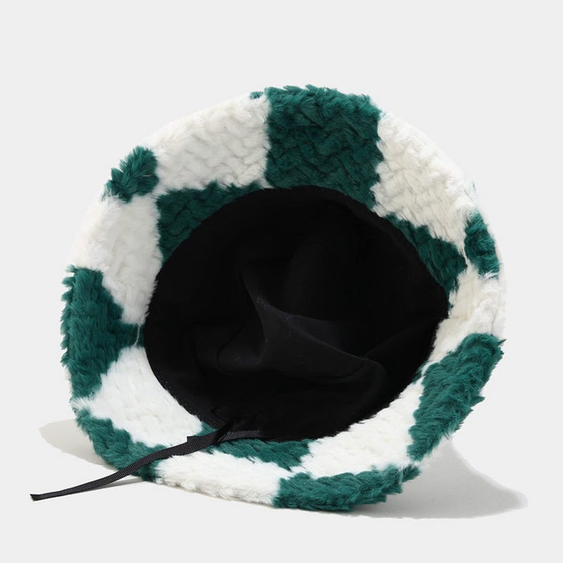 Dirholl Women's Winter Faux Fur Fuzzy Warm Bucket Hat Plaid Green - Image 2