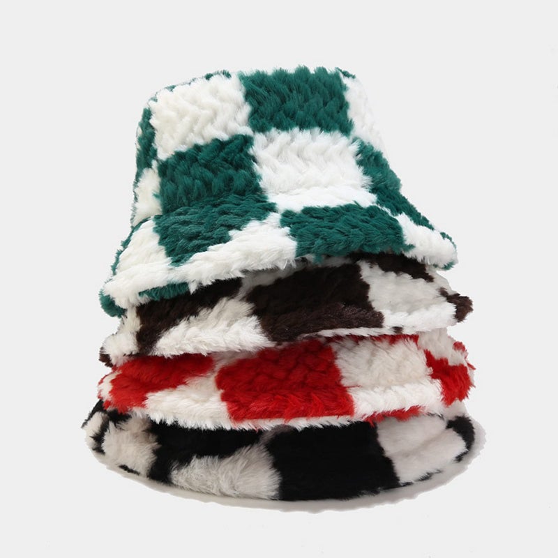 Dirholl Women's Winter Faux Fur Fuzzy Warm Bucket Hat Plaid Green - Image 4