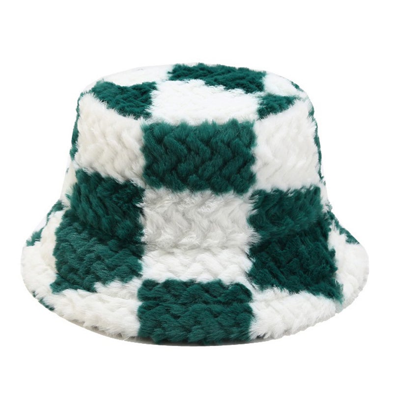 Dirholl Women's Winter Faux Fur Fuzzy Warm Bucket Hat Plaid Green - Image 1