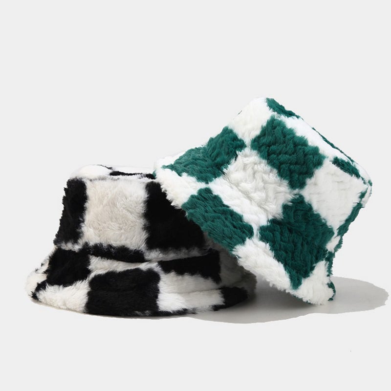 Dirholl Women's Winter Faux Fur Fuzzy Warm Bucket Hat Plaid Green - Image 3