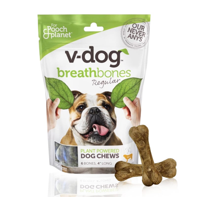 V-dog Dog Treats - Vegan Breathbone Teeth Cleaning Dental Dog Bones - Fresh Breath - 8 Ounces - All Natural - Made in USA - 6 Bones - 4" Long - Easy to Digest - Image 1
