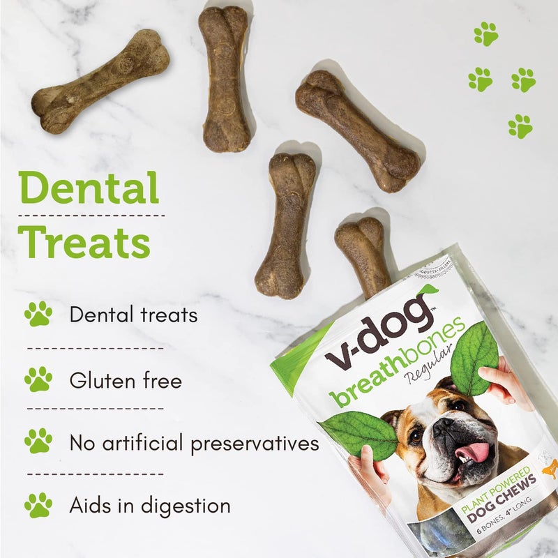 V-dog Dog Treats - Vegan Breathbone Teeth Cleaning Dental Dog Bones - Fresh Breath - 8 Ounces - All Natural - Made in USA - 6 Bones - 4" Long - Easy to Digest - Image 5