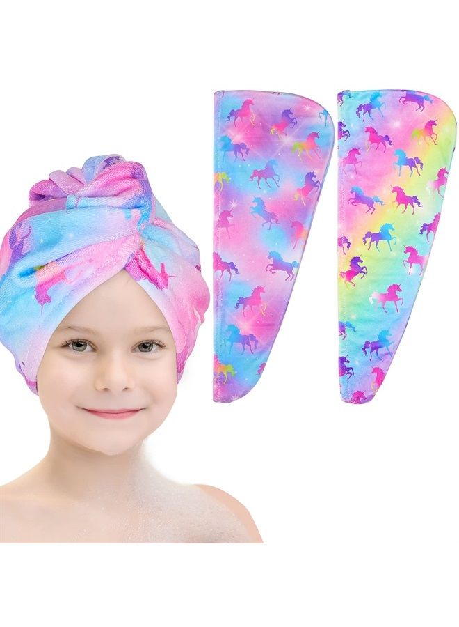Basumee Microfiber Hair Towel Wrap for Kids 2 Pack Rapid Drying Hair Towel with Button Hair Turbans for Wet Hair Wraps Head Towel Wrap for Women and Girls, Rainbow Unicorn - Image 1