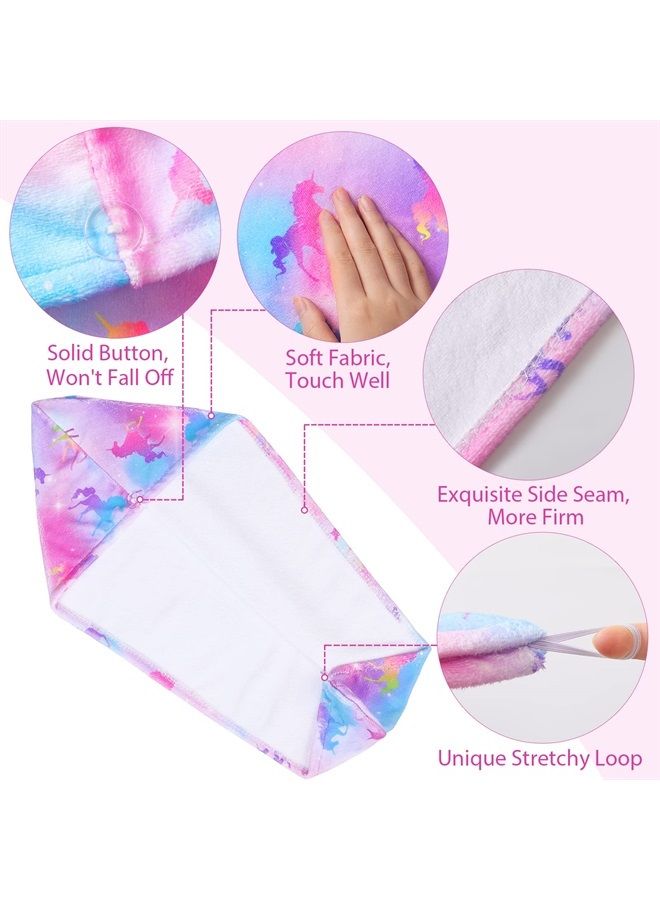 Basumee Microfiber Hair Towel Wrap for Kids 2 Pack Rapid Drying Hair Towel with Button Hair Turbans for Wet Hair Wraps Head Towel Wrap for Women and Girls, Rainbow Unicorn - Image 4