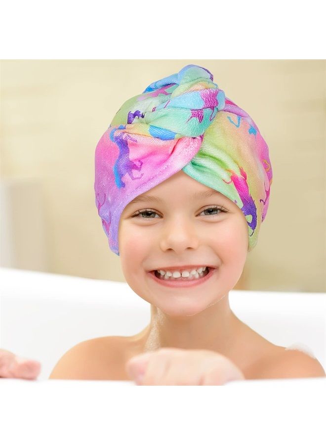 Basumee Microfiber Hair Towel Wrap for Kids 2 Pack Rapid Drying Hair Towel with Button Hair Turbans for Wet Hair Wraps Head Towel Wrap for Women and Girls, Rainbow Unicorn - Image 3
