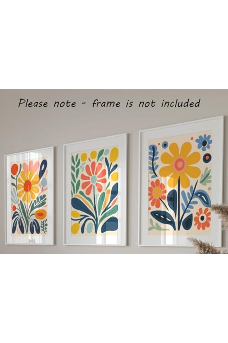 Eviepops Prints ALAYRA Retro Groovy Flowers Wall Art Set of 3 Unframed Poster Prints, Modern Abstract Floral Design, Lounge Bedroom Kitchen Posters Home Decor, Flower Market Vibrant 60s 70s, Yellow Green Blue Coral (A4) - Image 3