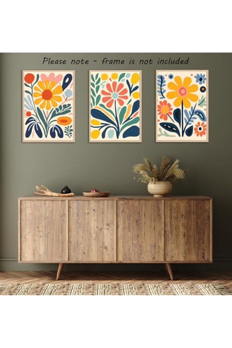 Eviepops Prints ALAYRA Retro Groovy Flowers Wall Art Set of 3 Unframed Poster Prints, Modern Abstract Floral Design, Lounge Bedroom Kitchen Posters Home Decor, Flower Market Vibrant 60s 70s, Yellow Green Blue Coral (A4) - Image 5
