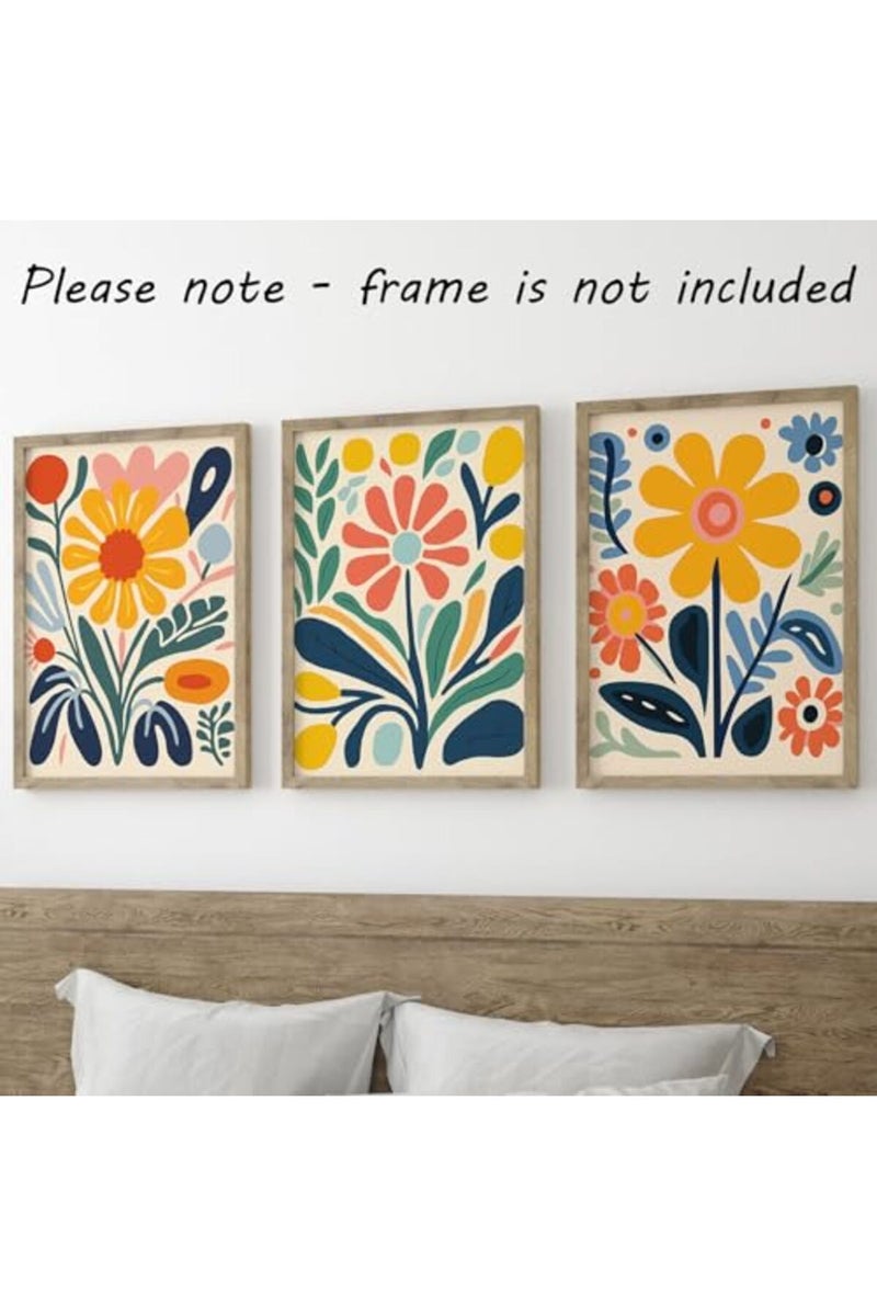 Eviepops Prints ALAYRA Retro Groovy Flowers Wall Art Set of 3 Unframed Poster Prints, Modern Abstract Floral Design, Lounge Bedroom Kitchen Posters Home Decor, Flower Market Vibrant 60s 70s, Yellow Green Blue Coral (A4) - Image 2