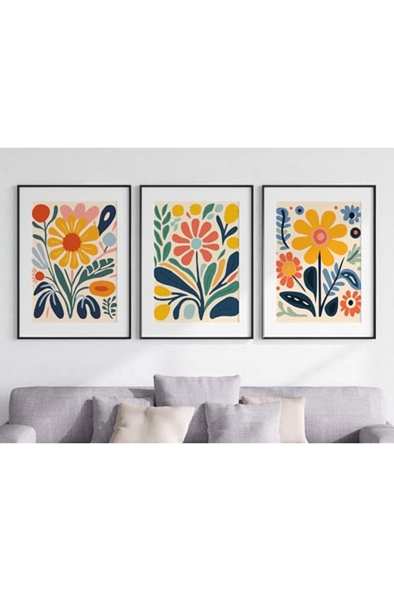 Eviepops Prints ALAYRA Retro Groovy Flowers Wall Art Set of 3 Unframed Poster Prints, Modern Abstract Floral Design, Lounge Bedroom Kitchen Posters Home Decor, Flower Market Vibrant 60s 70s, Yellow Green Blue Coral (A4) - Image 4