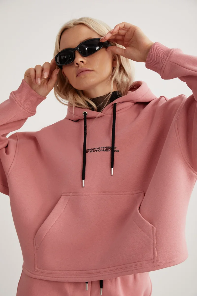 جريميلانج Atenas Relaxed Fit Long Sleeve Kangaroo Pocket Hooded Pink Sweatshirt