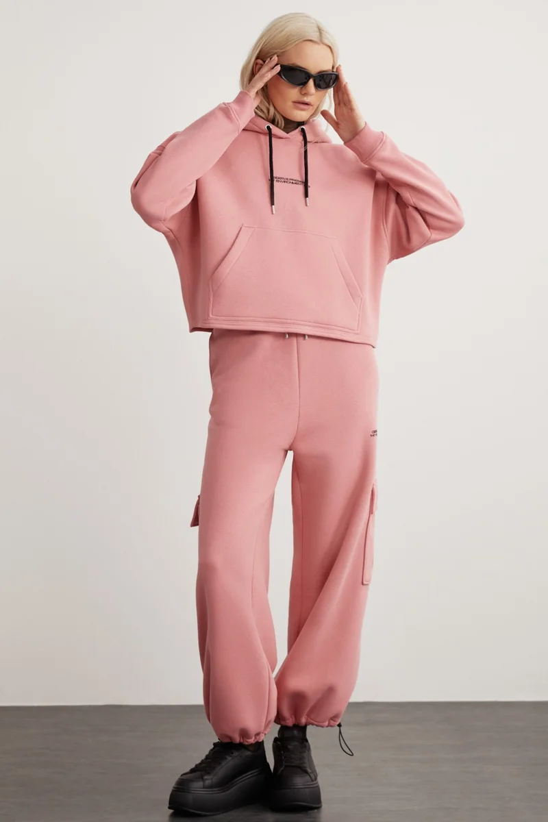 جريميلانج Atenas Relaxed Fit Long Sleeve Kangaroo Pocket Hooded Pink Sweatshirt
