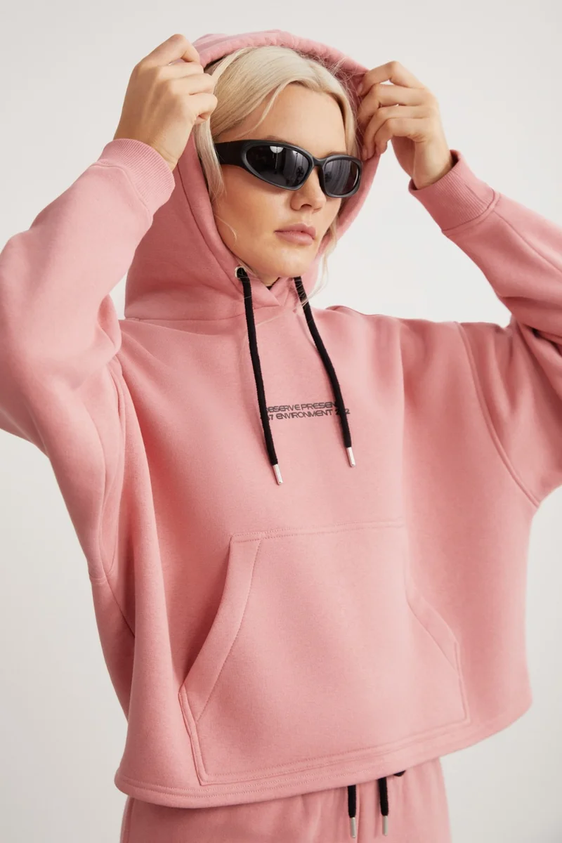 جريميلانج Atenas Relaxed Fit Long Sleeve Kangaroo Pocket Hooded Pink Sweatshirt