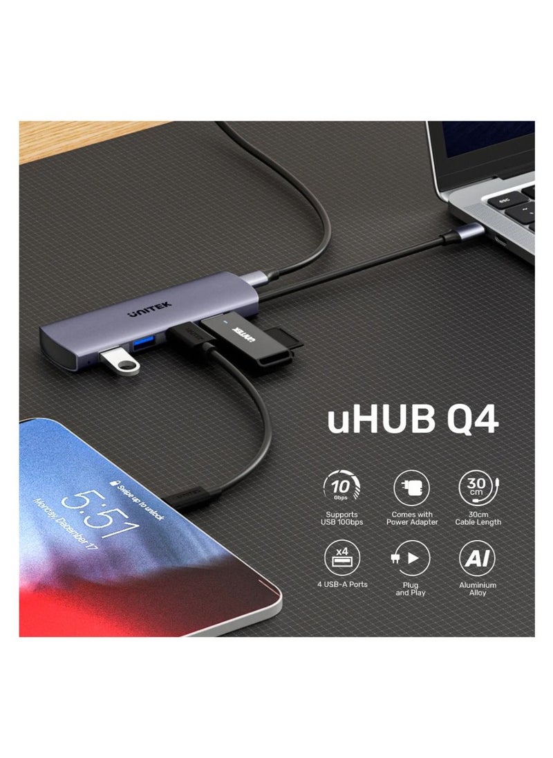 UNITEK - UNITEK uHUB Q4 4-in-1 USB-C Hub with Four USB-A Ports, 10Gbps High-Speed Data Transfer, Compact and Portable Design for Laptops, Tablets, and Smartphones - Image 1