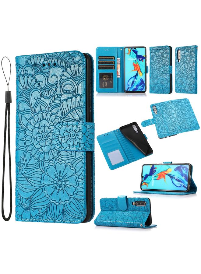 اس-توب جراب لهاتف Huawei P30 مصنوع من الجلد المنقوش بنقشة عباد الشمس مع حامل وفتحات للبطاقات ومحفظة وحبل تعليق - Image 1