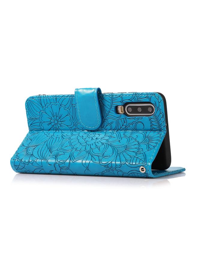 اس-توب جراب لهاتف Huawei P30 مصنوع من الجلد المنقوش بنقشة عباد الشمس مع حامل وفتحات للبطاقات ومحفظة وحبل تعليق - Image 4