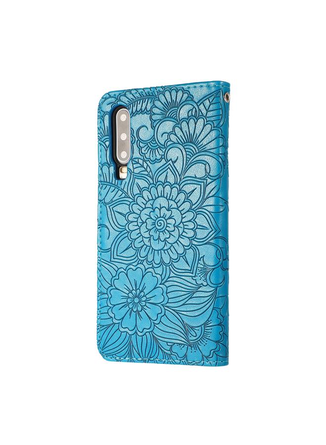 اس-توب جراب لهاتف Huawei P30 مصنوع من الجلد المنقوش بنقشة عباد الشمس مع حامل وفتحات للبطاقات ومحفظة وحبل تعليق - Image 3