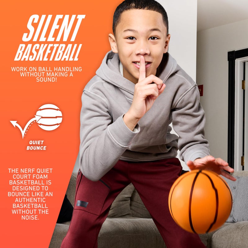 Nerf Quietcourt Silent Foam Mini Basketball - Quiet Ball for Indoor Dribbling Practice + Drills - 7" Inch Mini Kids + Youth Basketball - Never Goes Flat Foam Construction - Image 3