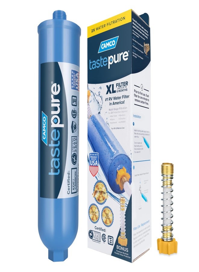 Camco 40019 TastePURE Inline XL RV Water Filter with Flexible Hose Protector | Protects Against Bacteria | Reduces Bad Taste, Odor, Chlorine and Sediment,Extra Large Filter & Hose Protector, Blue - Image 1