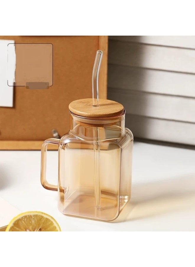 600ml Glass Cup with Wooden Lid and Glass Straw – Modern Design for Cold Drinks and Juices - Image 1