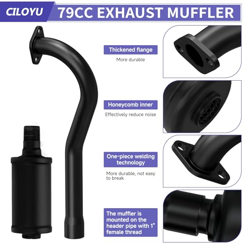 CILOYU Central Long Mini Bike Exhaust Header Pipe with Muffler Kit Compatible with GMB100 Coleman CT100U 79cc 3HP Engine 154F 30HP Predator 98cc GPS Rascal 98 Lite Minibike Parts Black - Image 3