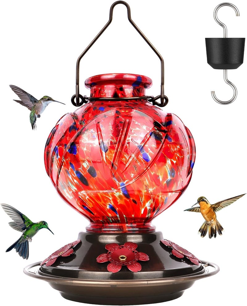 BOLITE Hummingbird Feeder, Hand Blown Glass Hummingbird Feeders for Outdoors Hanging, 22 Ounce, 5 Feeding Ports with Perch, Peony Flower Shape, 24001R Red - Image 1