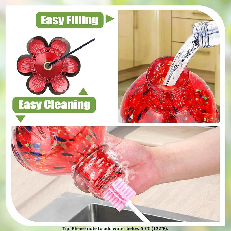 BOLITE Hummingbird Feeder, Hand Blown Glass Hummingbird Feeders for Outdoors Hanging, 22 Ounce, 5 Feeding Ports with Perch, Peony Flower Shape, 24001R Red - Image 5