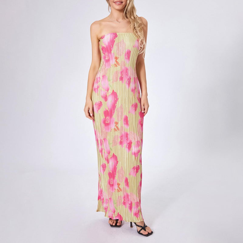 KMBANGI Womens Pleated Tube Maxi Dress Sleeveless Sexy Off Shoulder Strapless Long Dress Tie Up Backless Party Dress(Pink,S) - Image 2