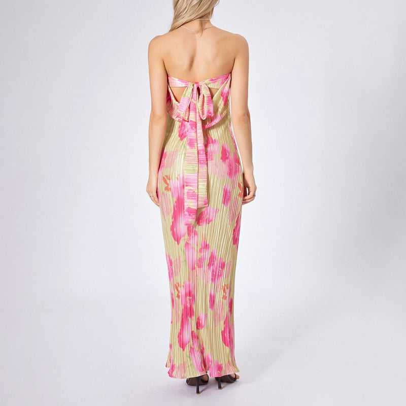 KMBANGI Womens Pleated Tube Maxi Dress Sleeveless Sexy Off Shoulder Strapless Long Dress Tie Up Backless Party Dress(Pink,S) - Image 3