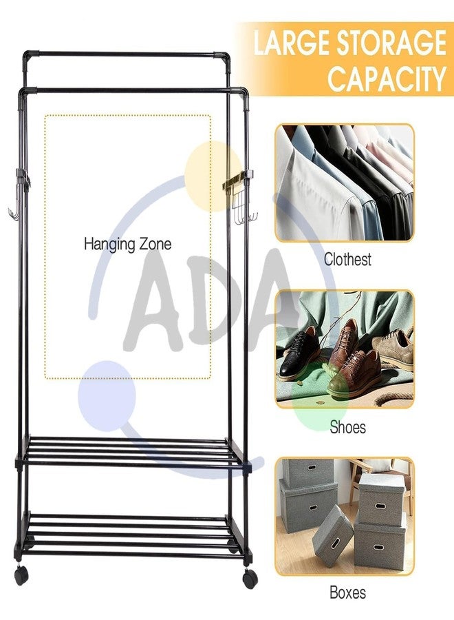 ADA ® Premium High Density Metal Dual Layer Drizzle Garment Rack, 2-Tier Clothes Rail with 10 Side Hooks - Black (84 x 30 x 155cm) - Image 4