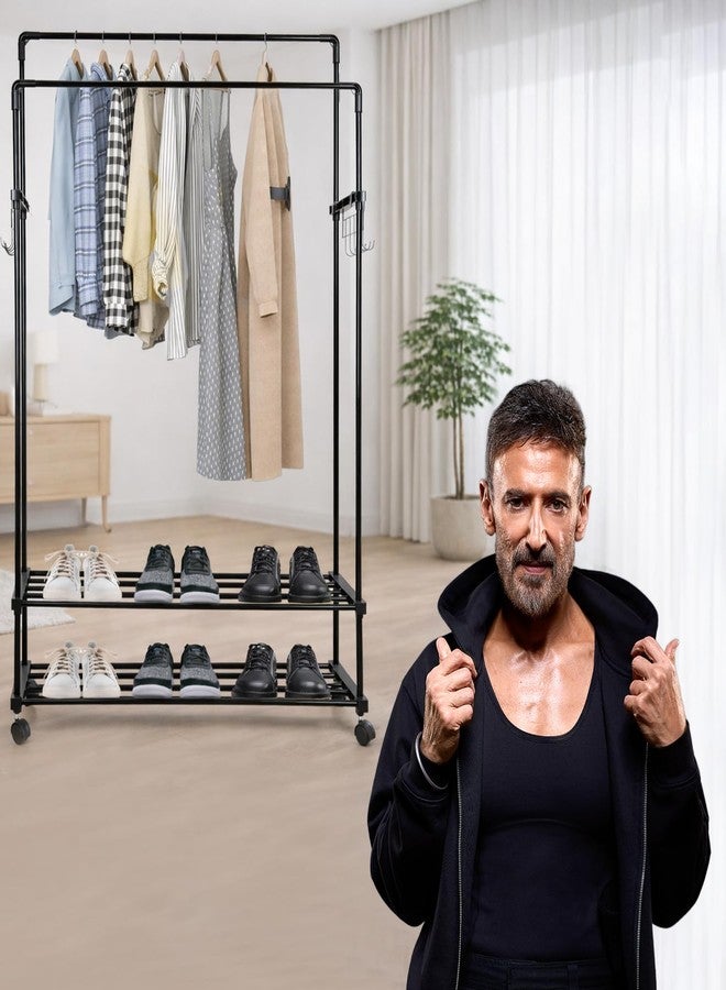 ADA ® Premium High Density Metal Dual Layer Drizzle Garment Rack, 2-Tier Clothes Rail with 10 Side Hooks - Black (84 x 30 x 155cm) - Image 1