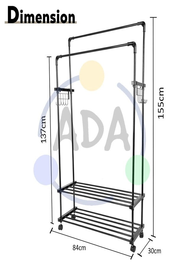 ADA ® Premium High Density Metal Dual Layer Drizzle Garment Rack, 2-Tier Clothes Rail with 10 Side Hooks - Black (84 x 30 x 155cm) - Image 5