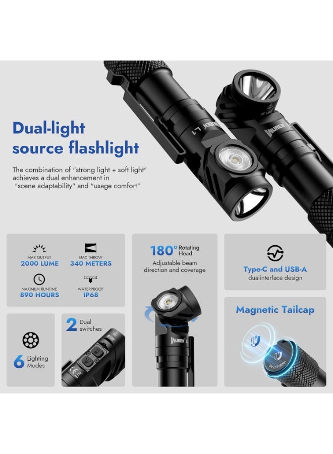 WUBEN L1 Flashlight LED Rechargeable, 2000 Lumen Torch Light Super Bright Tactical Flashlight Battery Powered, 180 Degree Rotating Right Angle Light, Waterproof Flash Light For Emergencies Camping - Image 2