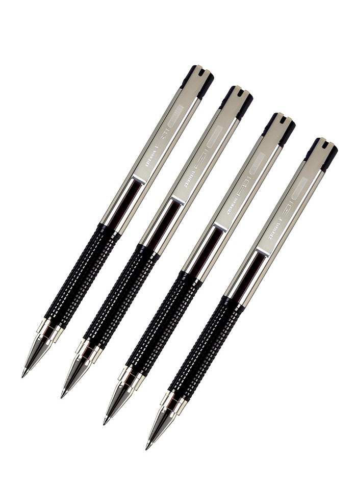 ZEBRA 4 Piece F-301 Compact Ballpoint Pens Black Rubber Grip Stainless Steel Fine Point 0.7mm Blue Ink Smooth Writing  - Image 1