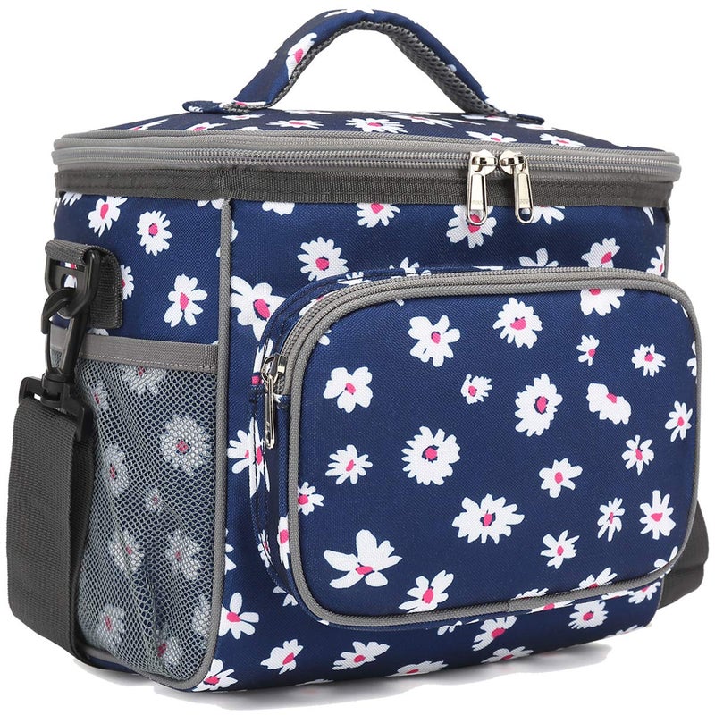 FlowFly Insulated Reusable Lunch Bag Adult Large Lunch Box for Women and Men with Adjustable Shoulder StrapFront Zipper Pocket and Dual Large Mesh Side PocketsDaisy