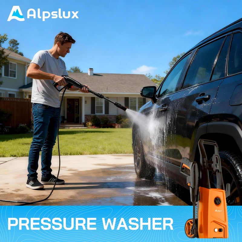 alpslux غسالة ضغط كهربائية - غسالة ضغط تعمل بالطاقة الكهربائية مع فوهة قابلة للتعديل، آلة تنظيف بالضغط مع مدفع رغوة للسيارات، والأسوار، والممرات، والفناءات، وتنظيف المنزل - Image 2